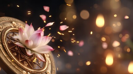 Elegant lotus flower blossoming on a mystical clock face with floating petals and soft bokeh lights in the background