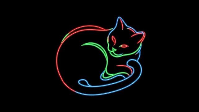 Neon Cat Silhouette Sleeping curled up on black background, RGB colors