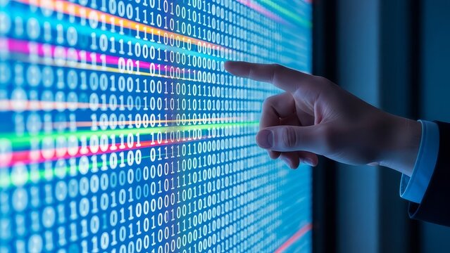 Businessman Pointing at Digital Screen with Binary Code and Data Stream Information - Powered by Adobe