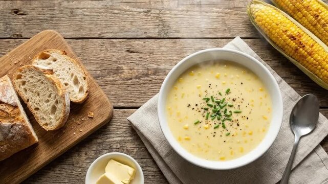 A visually appealing, top-down view of a steaming bowl of creamy corn soup, generously garnished with fresh chives and black pepper, resting on a rustic wooden table. Adjacent to the inviting soup, se