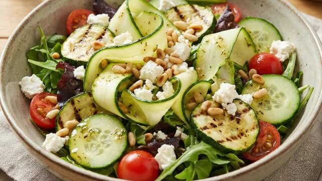 A visually stunning and delicious gourmet salad, expertly composed with fresh, vibrant ingredients. Close-up footage highlights tender grilled zucchini ribbons, crisp cucumber slices, juicy halved che