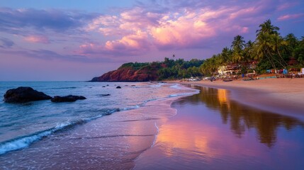 Fototapeta premium Tranquil Beach Scene at Sunset with Reflective Water and Lush Greenery by the Shoreline