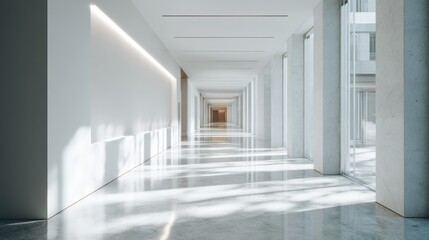 Obraz premium bright natural light illuminates a wide empty white wall in a modern office hallway neutral tones clean minimalist design