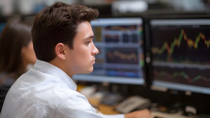 Young professional man intently observing financial data on multiple computer screens in an office setting