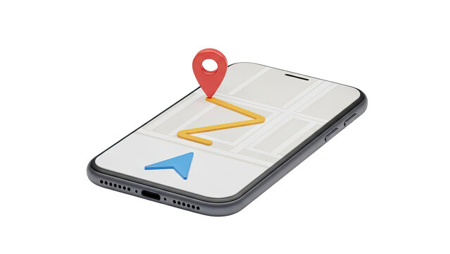 Smartphone with GPS navigation app and map on transparent background