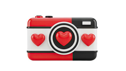3D Camera Icon with Red Hearts on transparent background