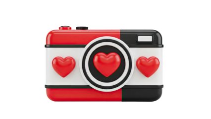 3D Camera Icon with Red Hearts on transparent background