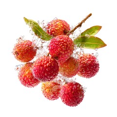 Fresh lychee fruits clustered on a branch with green leaves, captured mid-splash with dynamic water droplets highlighting texture, ripeness, and freshness.