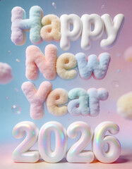 Happy New Year 2026 in giant 3D marshmallow-textured letters, soft squishy iridescent white numbers floating in pastel dreamscape, minimalist Gen-Z aesthetic, high-quality 3D render