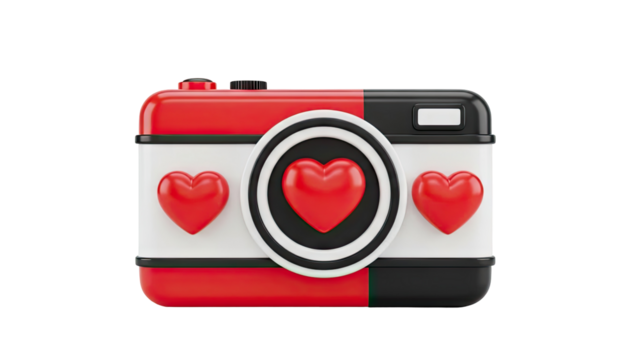 3D Camera Icon with Red Hearts on transparent background - Powered by Adobe