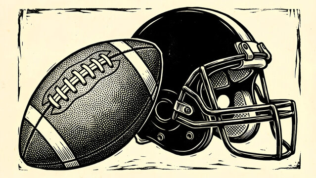 Striking black and white woodcut illustration depicting a classic American football resting closely beside a protective sports helmet, emphasizing rigorous competition and athletic gear.