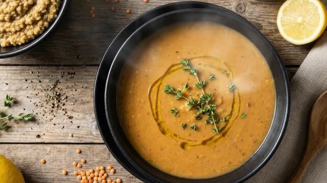 An appetizing close-up, overhead shot of a steaming bowl of rich, wholesome lentil soup, artfully garnished with fresh thyme sprigs and a drizzle of golden olive oil. The warm, inviting meal is presen