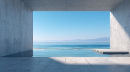 Fototapeta premium a modern concrete building with large windows offers a stunning view of the sea under a clear blue sky