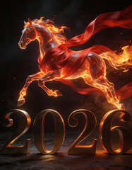 Artistic abstract horse made of glowing red silk and flowing fire, leaping over &ldquo;2026&rdquo; on a dark background, cinematic high-contrast lighting, symbolizing speed, success, and power