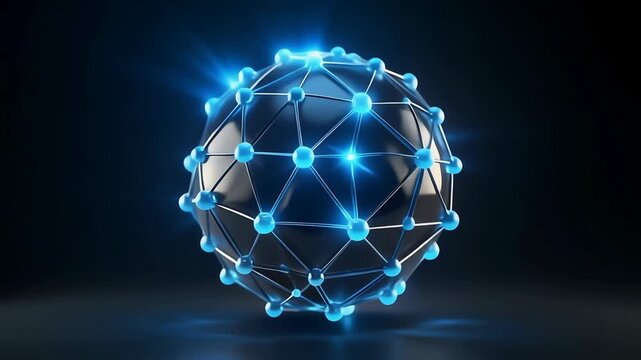 Futuristic network sphere glossy node connection neon blue light glowing 3d render surface abstract technology digital concept.