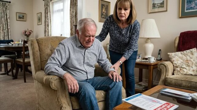 An elderly man sits hunched in an armchair, his face contorted in visible pain and discomfort, eyes squeezed shut as he clutches his chest or arm. A concerned woman stands beside him, gently touching 
