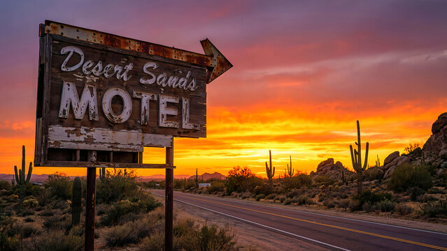 Faded, weathered, and rustic wooden sign advertising the abandoned desert sands motel points toward a stunningly vibrant orange and yellow sunset sky.
