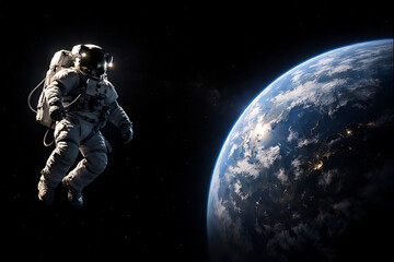 Fototapeta premium 宇宙空間に漂う宇宙飛行士と青い地球