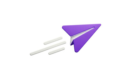 3D Purple paper airplane with white trails flying fast on transparent background