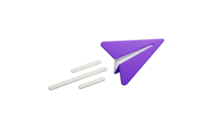 3D Purple paper airplane with white trails flying fast on transparent background