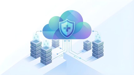 Gradient medical cloud with shield icon connected to multiple server stacks, symbolizing secure healthcare data storage, hospital information systems and protected online medical records.