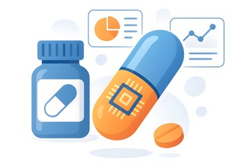 Colorful illustration of a smart digital pill with microchip next to medicine bottle and data charts, representing connected pharmaceuticals, adherence tracking and personalized digital health.