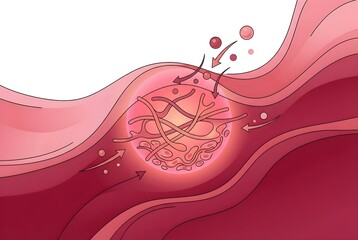 Stylized medical illustration of a blood vessel with forming clot and arrows showing platelet aggregation and fibrin mesh, representing thrombosis, coagulation process and cardiovascular disease risk.