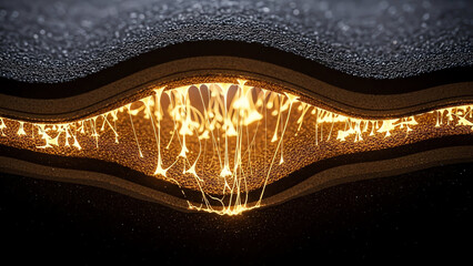 Glowing Filament Wave Across Layered Chamber