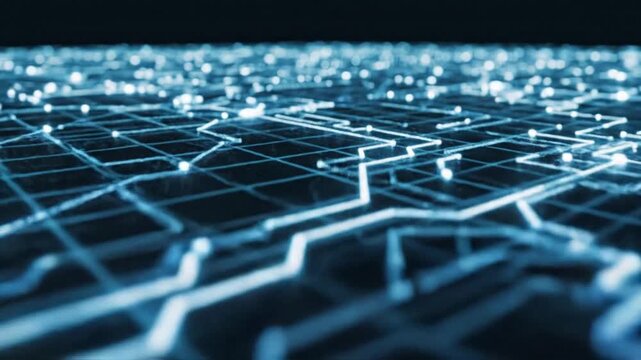 Close-up of a blue circuit board pattern with glowing lines and nodes on a dark background with a shallow depth of field.