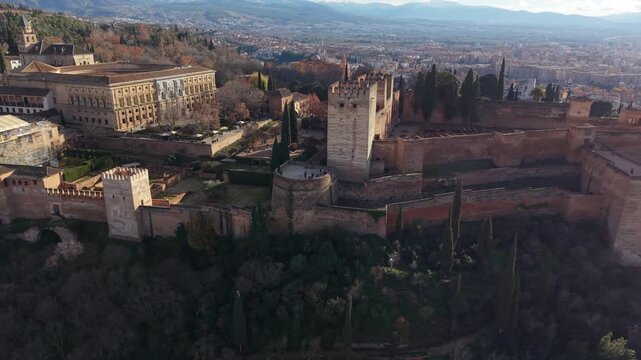 Aerial view of the Alhambra, a palace and fortress complex in Granada, Spain, a UNESCO Heritage Site