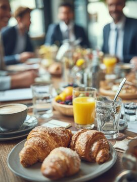 business meeting at breakfast with healthy food at office no logos no brands ar 34