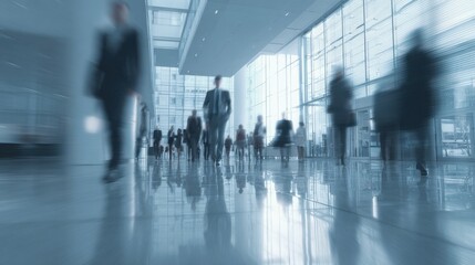blurred business professionals in modern corporate office interior