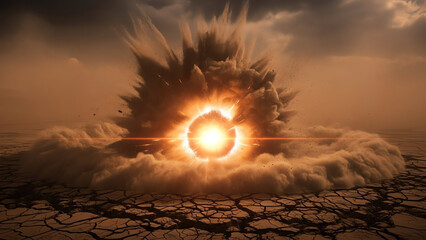 Explosive Sun Burst in Barren Cracked Landscape
