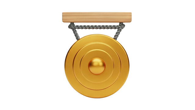 3D Golden Gong suspended by ropes and wooden beam on transparent background