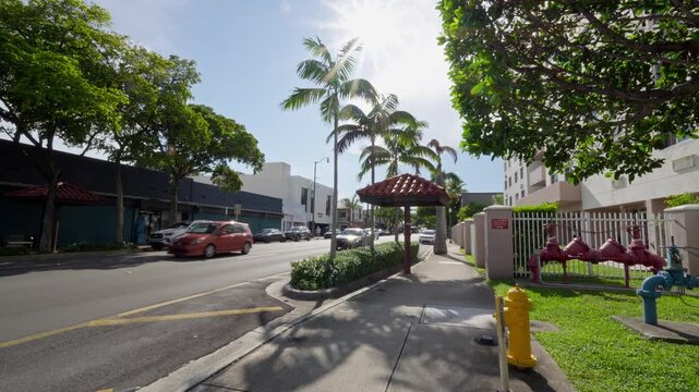 Camera shot of cars driving on the road in Little Havana, Miami during daytime