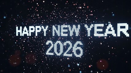 Happy New Year 2026 Displayed on a Digital LED Dot Matrix Screen with Glowing Particles