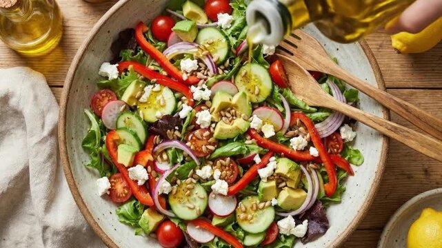 An overhead shot captures a beautifully vibrant and fresh garden salad being prepared in a rustic ceramic bowl on a natural wooden table. Crisp leafy greens are mixed with colorful cherry tomatoes, sl