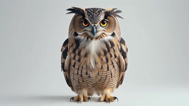 eagle owl on a branch, shut in studio background clen whait. vidio 