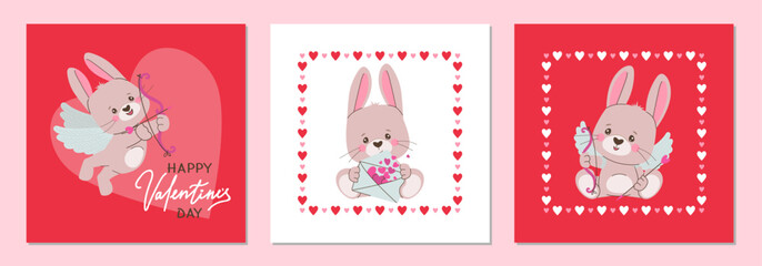 Cute Bunny Valentine s Day Vector Illustration Set