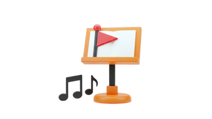 3D Music stand with red flag and musical notes on transparent background