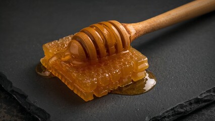 Golden chunk honeycomb dripping sweet natural honey with wooden dipper on dark background.