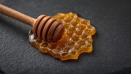 Raw honeycomb and golden honey dipper closeup on dark textured stone background.