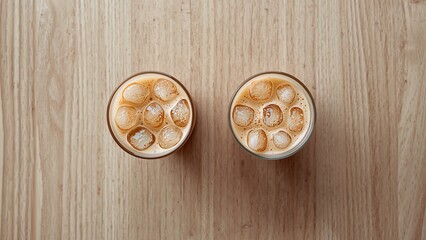 Two Refreshing Iced Lattes with Ice Cubes, Flat Lay on Wooden Table.