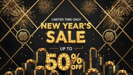 New years sale banner with gold text and fireworks on black background