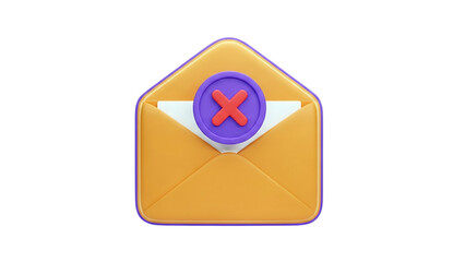 3D render of an email icon with a red cross inside a purple circle on transparent background