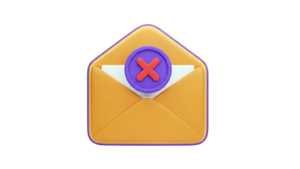 3D render of an email icon with a red cross inside a purple circle on transparent background