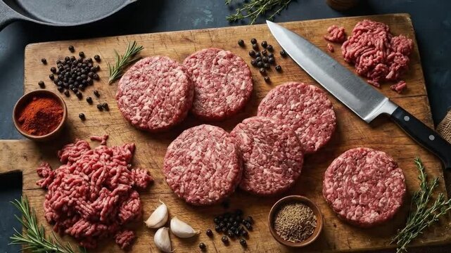 This appetizing overhead shot showcases an array of fresh, raw ground meat patties meticulously arranged on a rustic wooden cutting board, ready for grilling or cooking. Surrounding the uncooked meat 