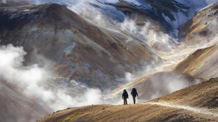 This breathtaking wide shot captures two intrepid individuals with backpacks trekking along a winding path through a vast, rugged, and colorful mountainous landscape. Wisps of steam gracefully rise fr
