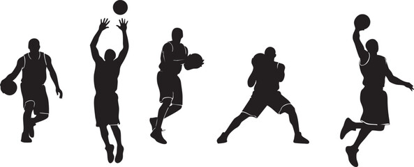 Set of Male Basketball Player Silhouettes Performing Various Actions Including Dribbling, Shooting, and Slam Dunking Isolated on White Background © AnchorPoint