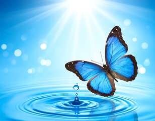 Vivid blue butterfly floats above water with droplet and sun rays
